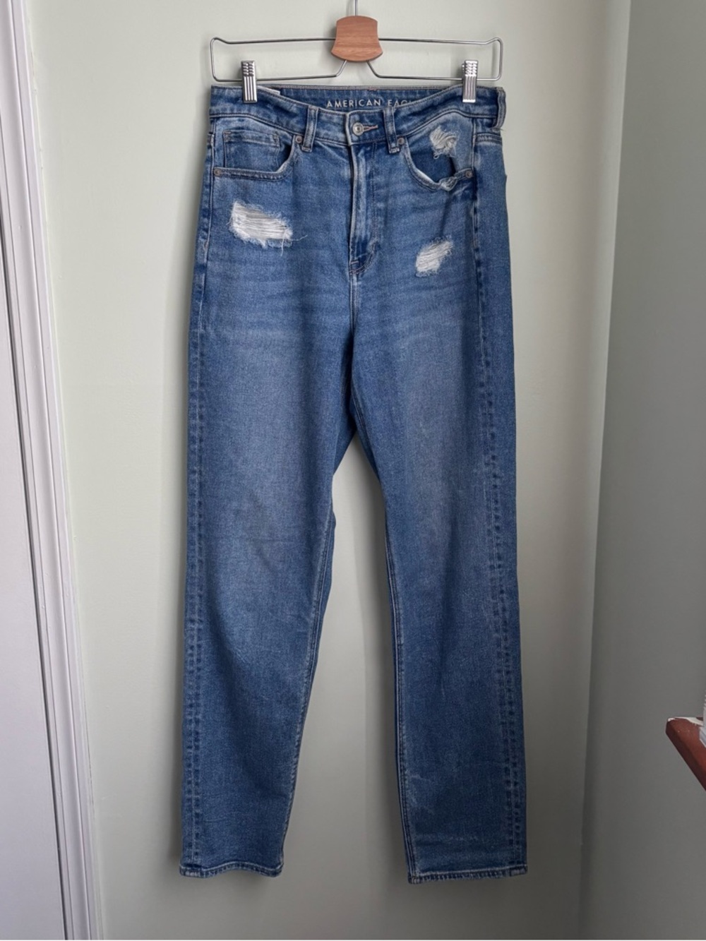 American Eagle Mom Straight Jeans Women 6 Tall (28x31) Stretch Distressed Denim